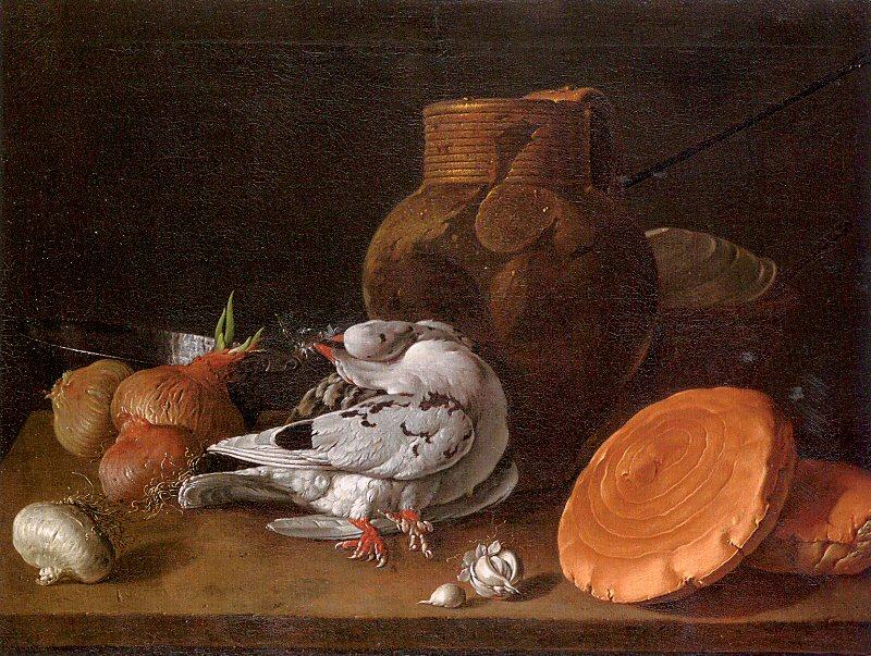 Melendez, Luis Eugenio Still Life with Pigeons, Onions, Bread and Kitchen Utensils